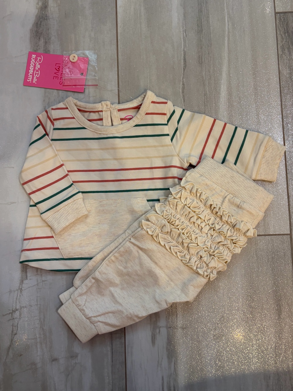 NWT RuffleButts Terra Cotta Stripe Long Sleeve Top & Jogger Set girls 0-3M